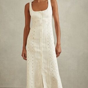 REISS CLARICE LINEN BRODERIE MIDI DRESS Size 4